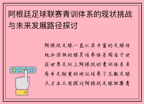 阿根廷足球联赛青训体系的现状挑战与未来发展路径探讨