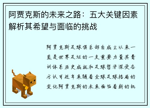 阿贾克斯的未来之路：五大关键因素解析其希望与面临的挑战