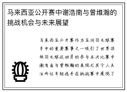 马来西亚公开赛中谢浩南与曾维瀚的挑战机会与未来展望
