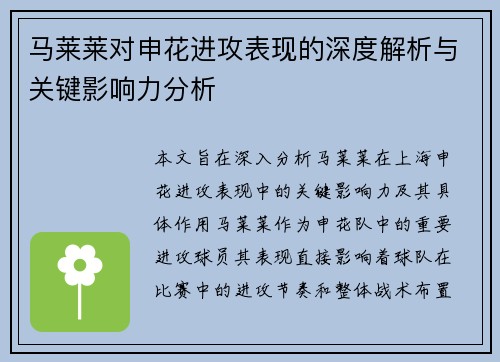 马莱莱对申花进攻表现的深度解析与关键影响力分析